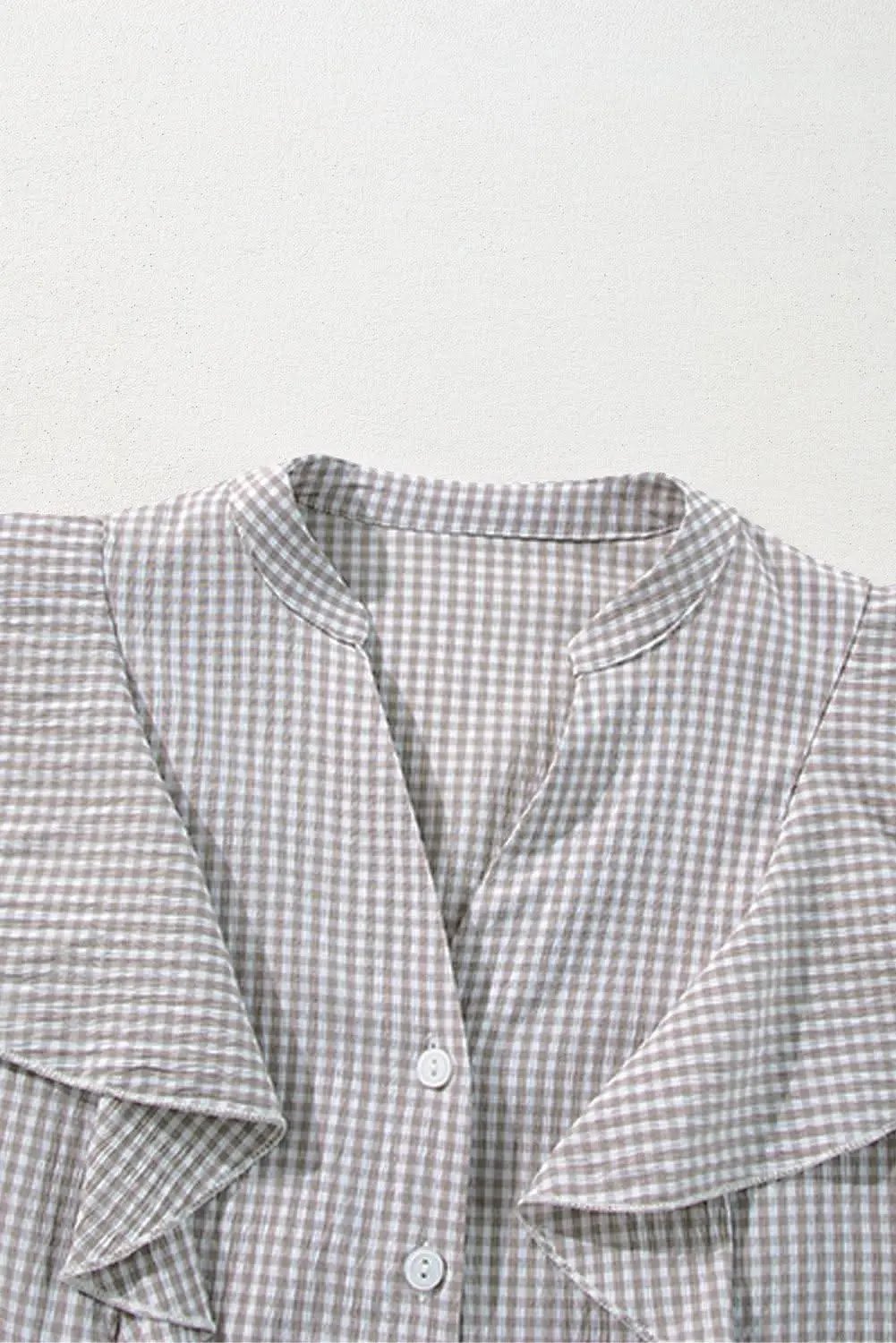 Brown Plaid Flounce Sleeve Notched Neck Ruffled Shirt - Love Salve